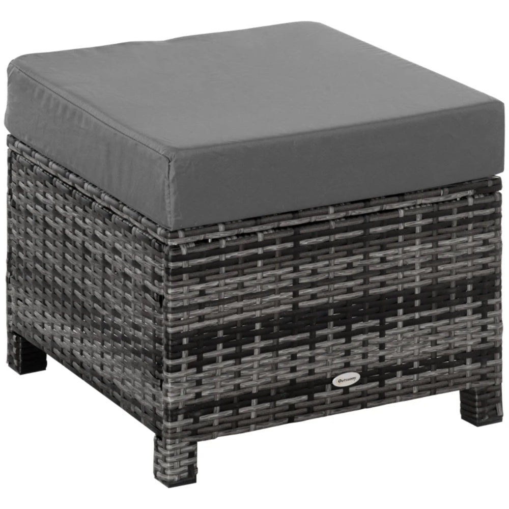 Outsunny Rattan Footstool Wicker Ottoman with Padded Seat Cushion Outdoor Patio Furniture for Garden Poolside Living Room, 50 x 50 x 35 cm