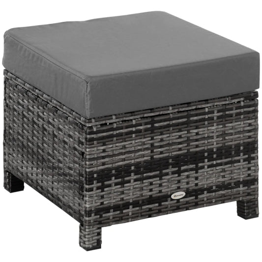 Outsunny Rattan Footstool Wicker Ottoman with Padded Seat Cushion Outdoor Patio Furniture for Garden Poolside Living Room, 50 x 50 x 35 cm