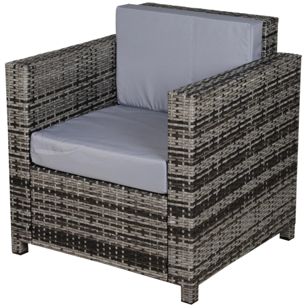 Outsunny Rattan Garden Armchair 10cm Cushion Outdoor Single Chair with Steel Frame, Grey