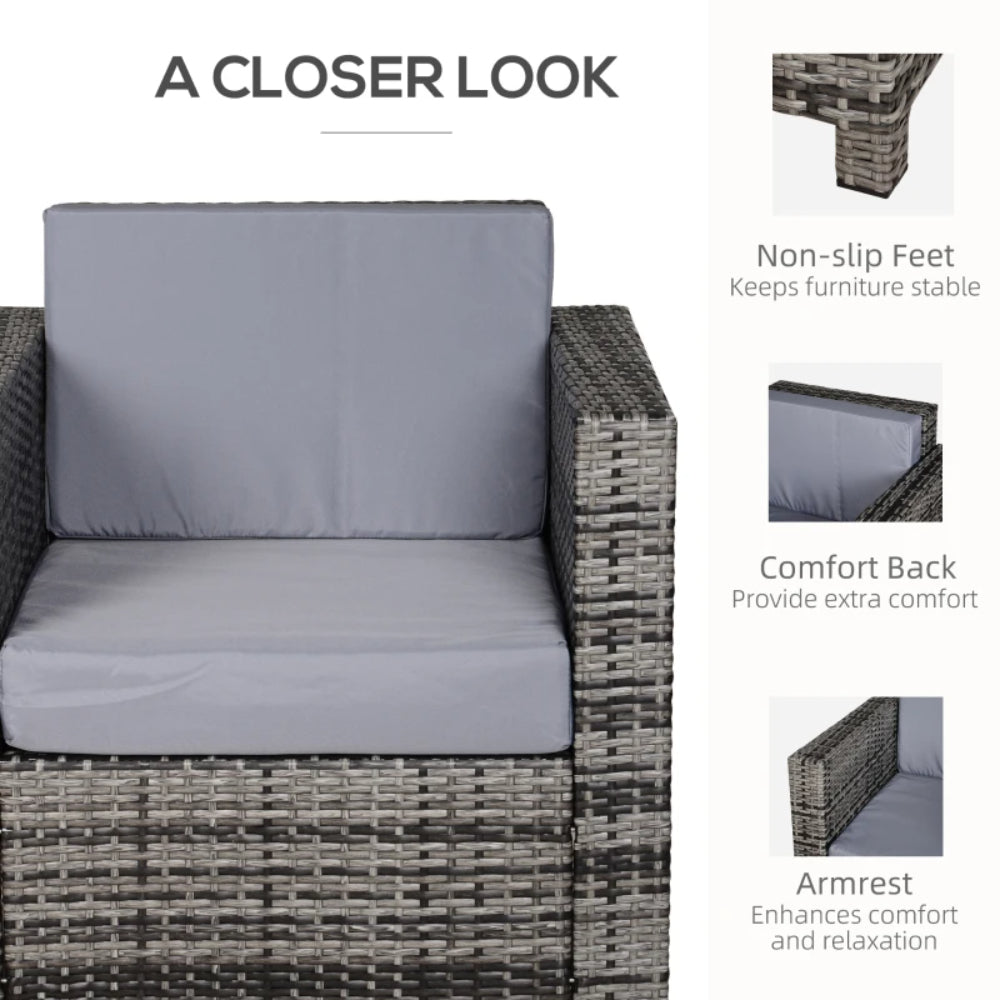 Outsunny Rattan Garden Armchair 10cm Cushion Outdoor Single Chair with Steel Frame, Grey