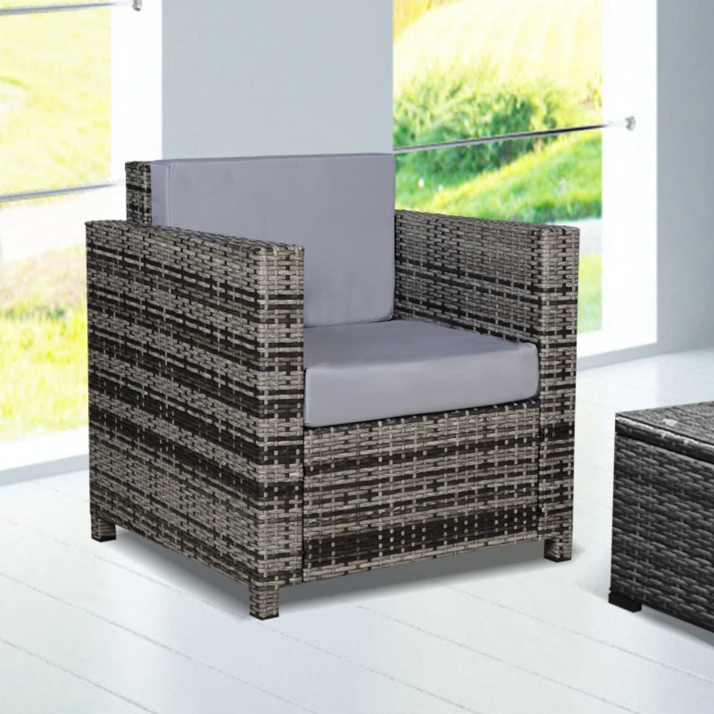 Outsunny Rattan Garden Armchair 10cm Cushion Outdoor Single Chair with Steel Frame, Grey