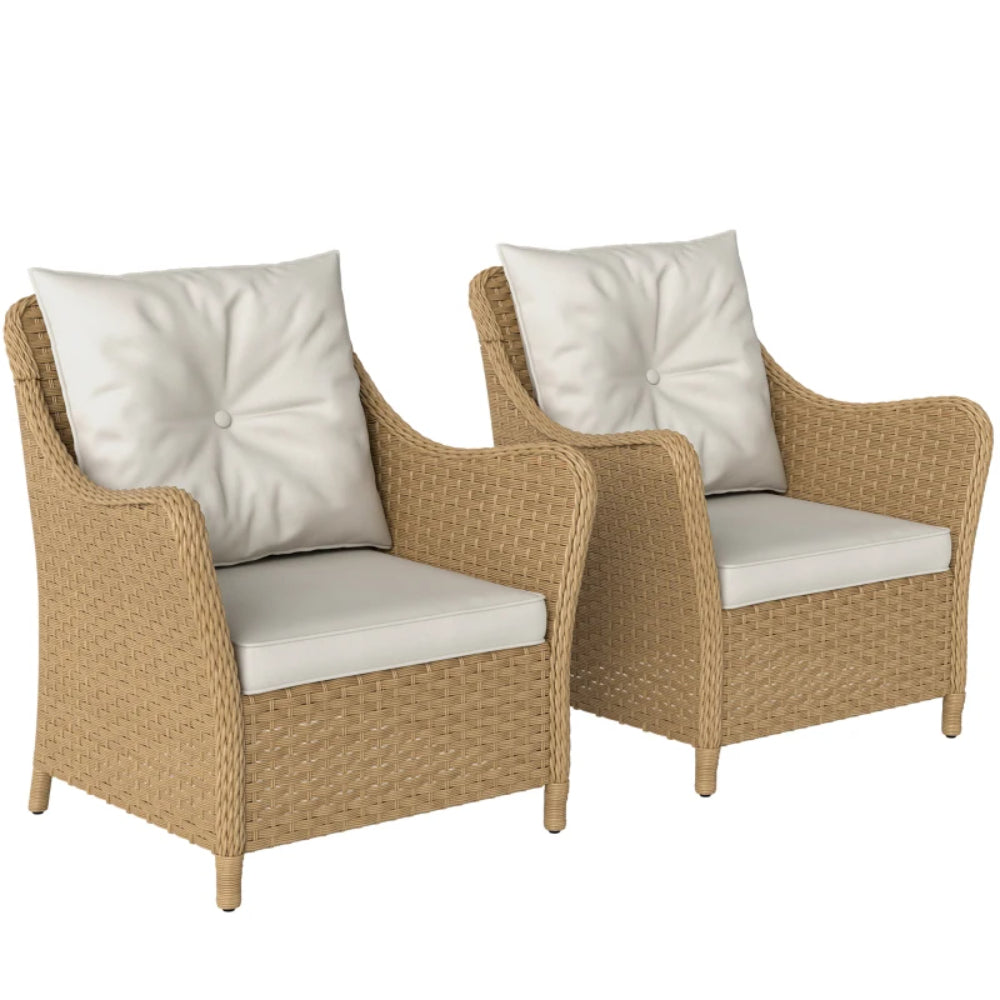 Outsunny Rattan Garden Chairs Set of 2, Outdoor Rattan Chairs with Cushions, Armrests and High Back, PE Wicker Garden Armchair with Steel Frame for Balcony, Porch
