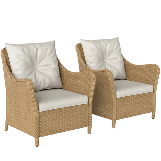 Outsunny Rattan Garden Chairs Set of 2, Outdoor Rattan Chairs with Cushions, Armrests and High Back, PE Wicker Garden Armchair with Steel Frame for Balcony, Porch
