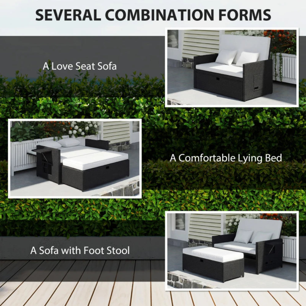Outsunny Rattan Garden Daybed, Double Sun Lounger with 5-Level Adjustable Back, Storage Ottoman, Cream White