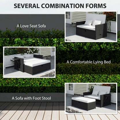 Outsunny Rattan Garden Daybed, Double Sun Lounger with 5-Level Adjustable Back, Storage Ottoman, Cream White