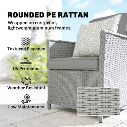 Outsunny Rattan Garden Dining Set with Turntable, Marble Effect Glass Round Garden Table and Chairs with Aluminium Frame, Grey