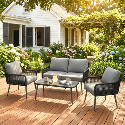 Outsunny Rattan Garden Furniture Set, 4 Piece Outdoor Patio Furniture with Tempered Glass Table and Chairs, Indoor Balcony Conservatory Set