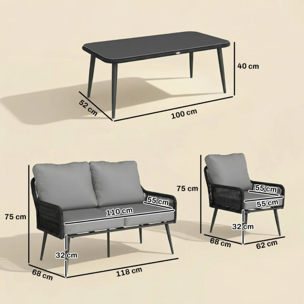 Outsunny Rattan Garden Furniture Set, 4 Piece Outdoor Patio Furniture with Tempered Glass Table and Chairs, Indoor Balcony Conservatory Set