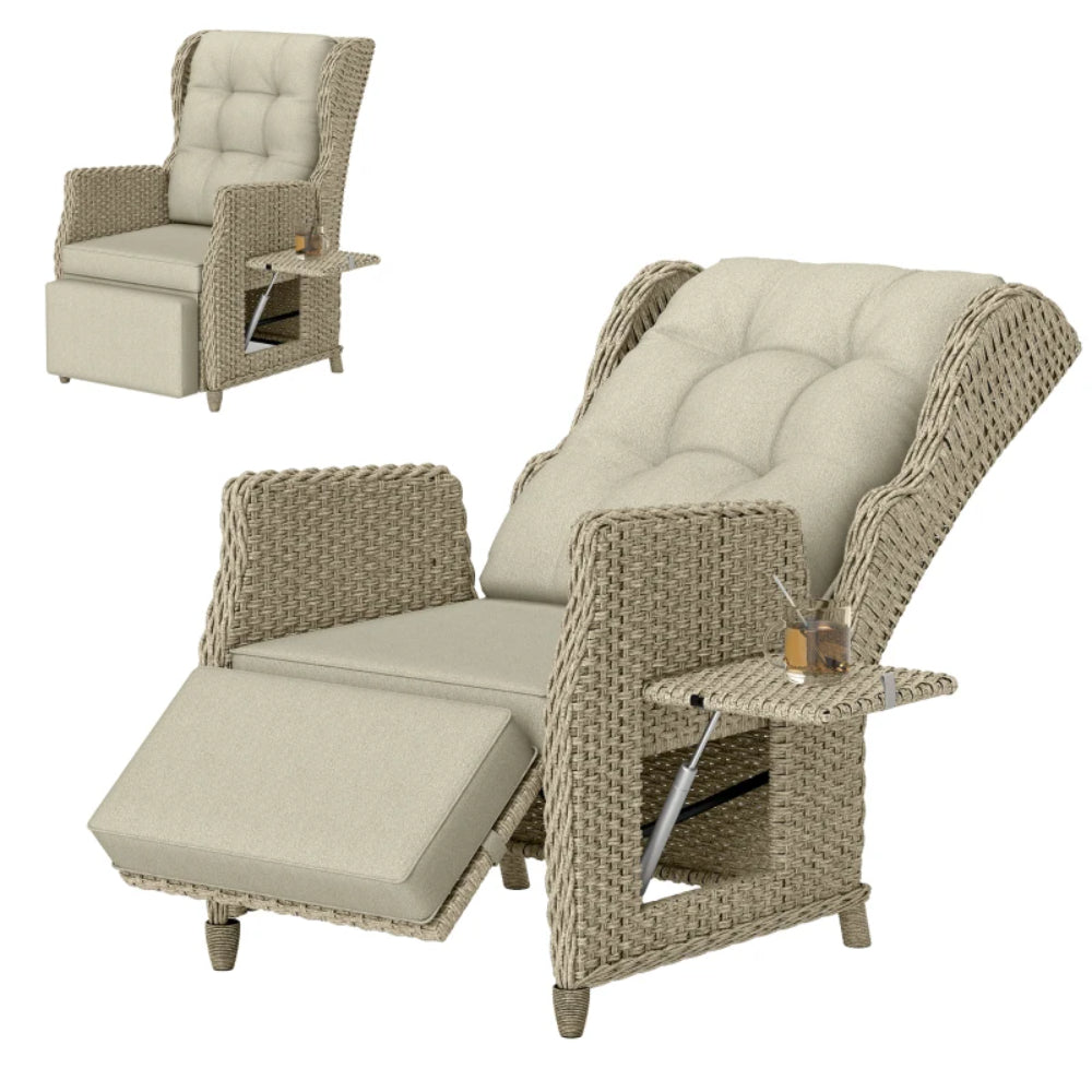Outsunny Rattan Garden Recliner Chair, Reclining Garden Chair with Adjustable Back and Footrest, Flip Table, Cushion