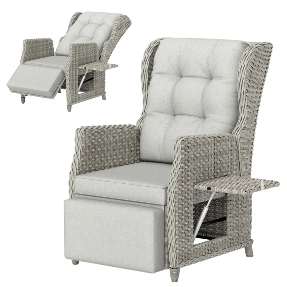 Outsunny Rattan Garden Recliner Chair, Reclining Garden Chair with Adjustable Back and Footrest, Flip Table, Cushion