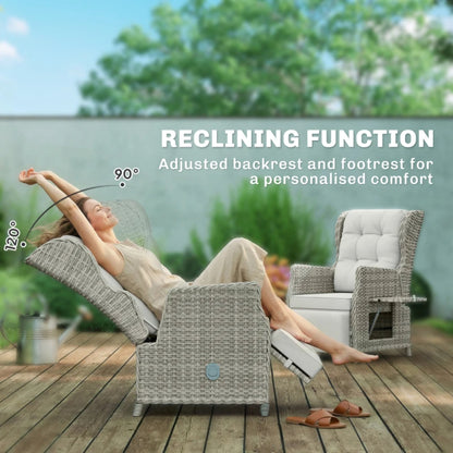 Outsunny Rattan Garden Recliner Chair, Reclining Garden Chair with Adjustable Back and Footrest, Flip Table, Cushion