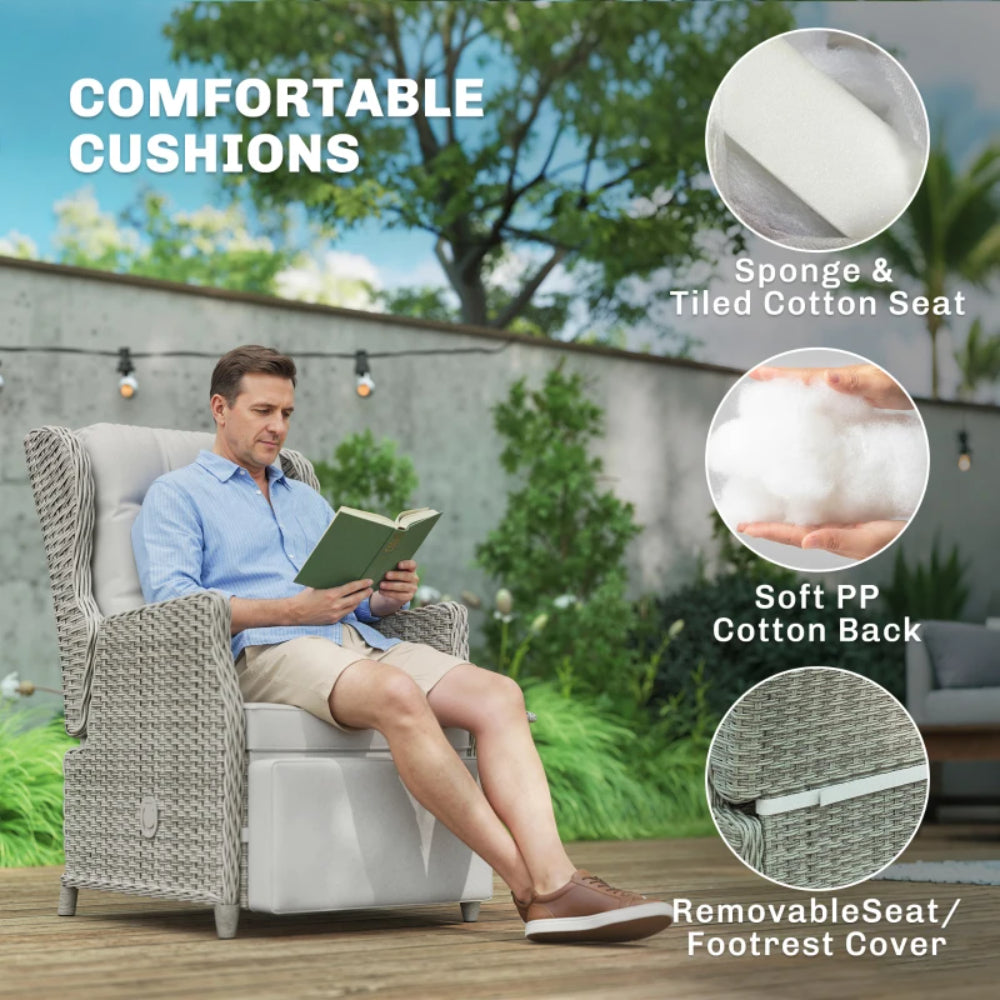 Outsunny Rattan Garden Recliner Chair, Reclining Garden Chair with Adjustable Back and Footrest, Flip Table, Cushion