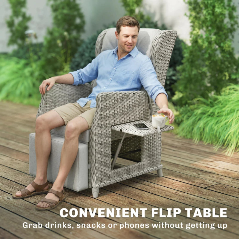 Outsunny Rattan Garden Recliner Chair, Reclining Garden Chair with Adjustable Back and Footrest, Flip Table, Cushion