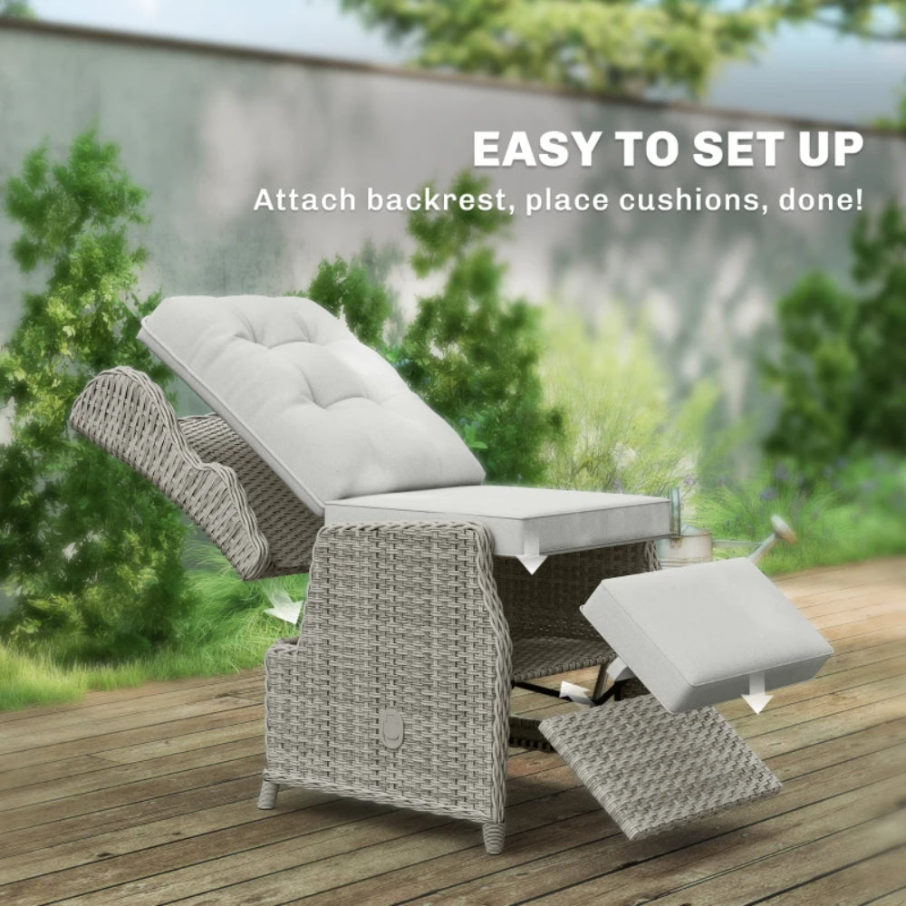 Outsunny Rattan Garden Recliner Chair, Reclining Garden Chair with Adjustable Back and Footrest, Flip Table, Cushion