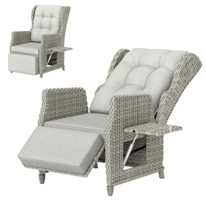 Outsunny Rattan Garden Recliner Chair, Reclining Garden Chair with Adjustable Back and Footrest, Flip Table, Cushion