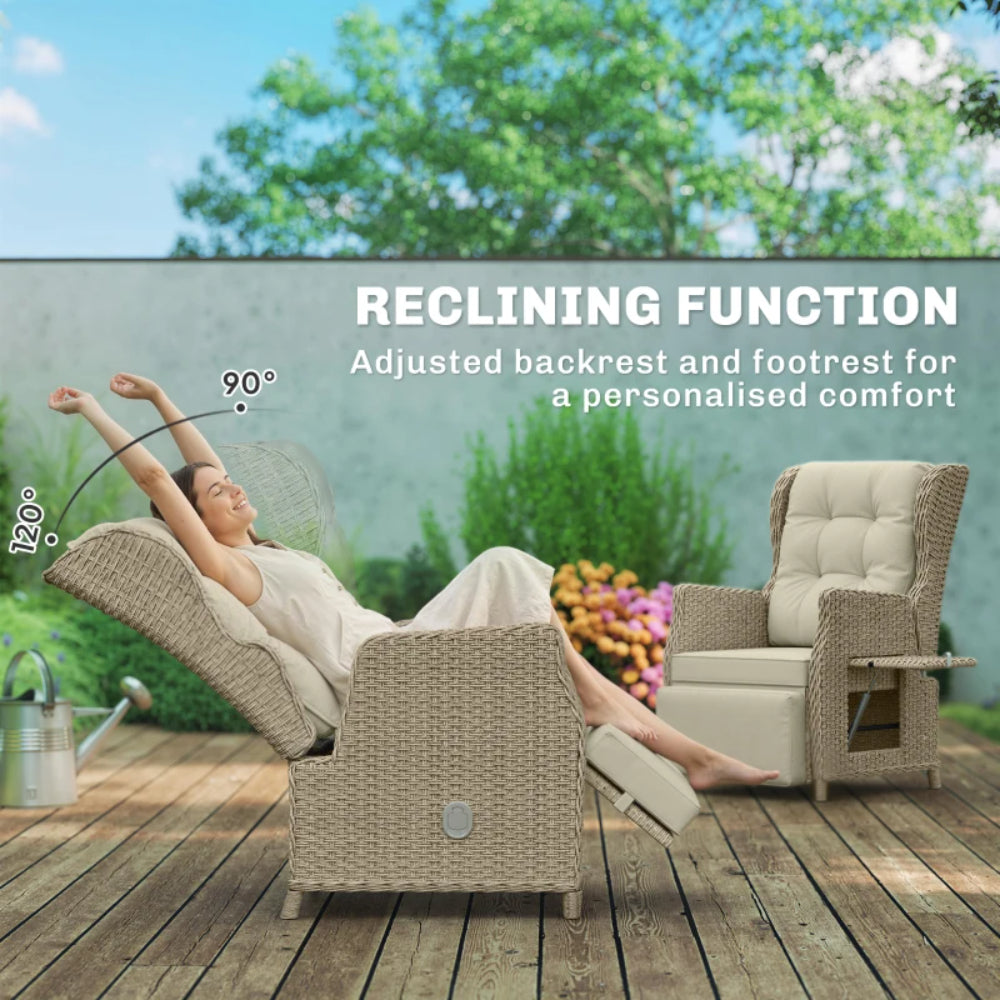 Outsunny Rattan Garden Recliner Chair, Reclining Garden Chair with Adjustable Back and Footrest, Flip Table, Cushion