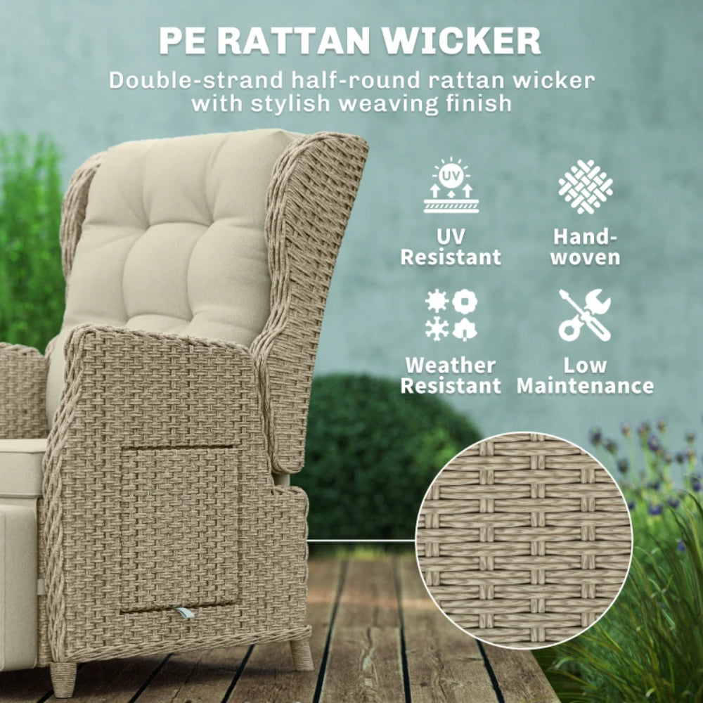 Outsunny Rattan Garden Recliner Chair, Reclining Garden Chair with Adjustable Back and Footrest, Flip Table, Cushion