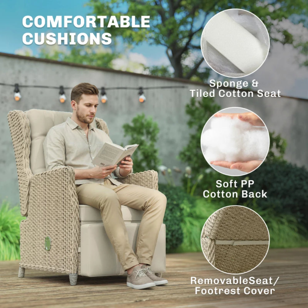 Outsunny Rattan Garden Recliner Chair, Reclining Garden Chair with Adjustable Back and Footrest, Flip Table, Cushion