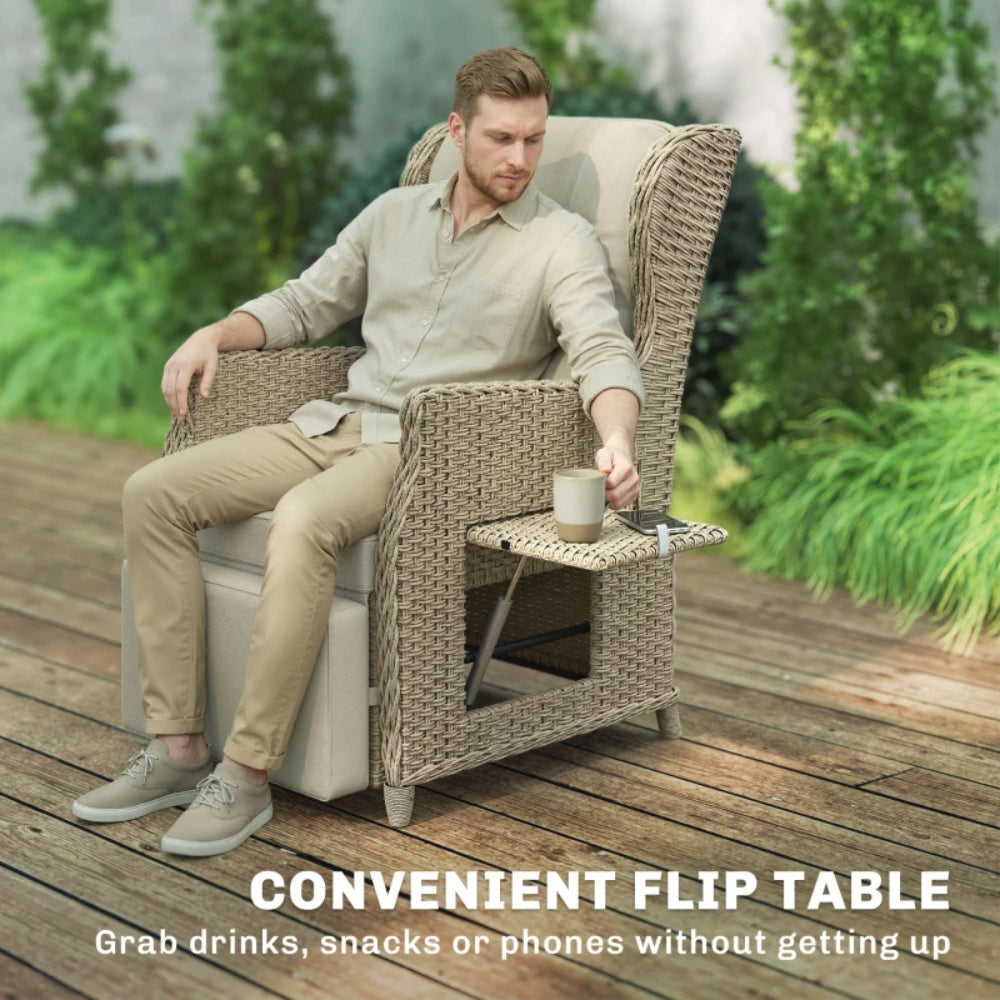 Outsunny Rattan Garden Recliner Chair, Reclining Garden Chair with Adjustable Back and Footrest, Flip Table, Cushion