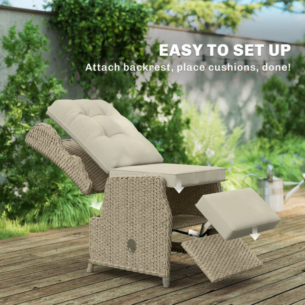 Outsunny Rattan Garden Recliner Chair, Reclining Garden Chair with Adjustable Back and Footrest, Flip Table, Cushion