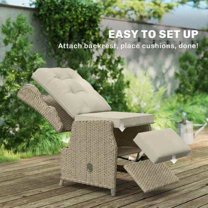 Outsunny Rattan Garden Recliner Chair, Reclining Garden Chair with Adjustable Back and Footrest, Flip Table, Cushion