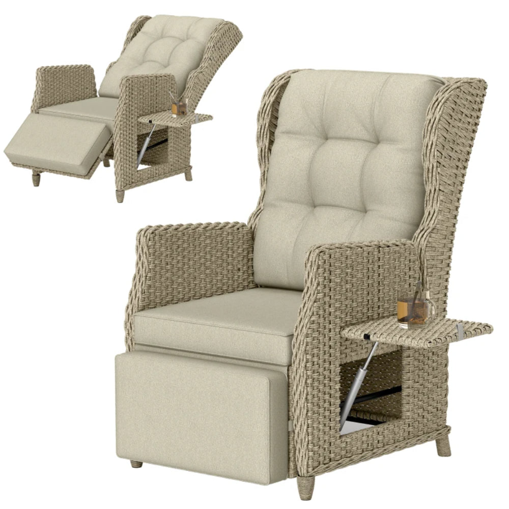 Outsunny Rattan Garden Recliner Chair, Reclining Garden Chair with Adjustable Back and Footrest, Flip Table, Cushion