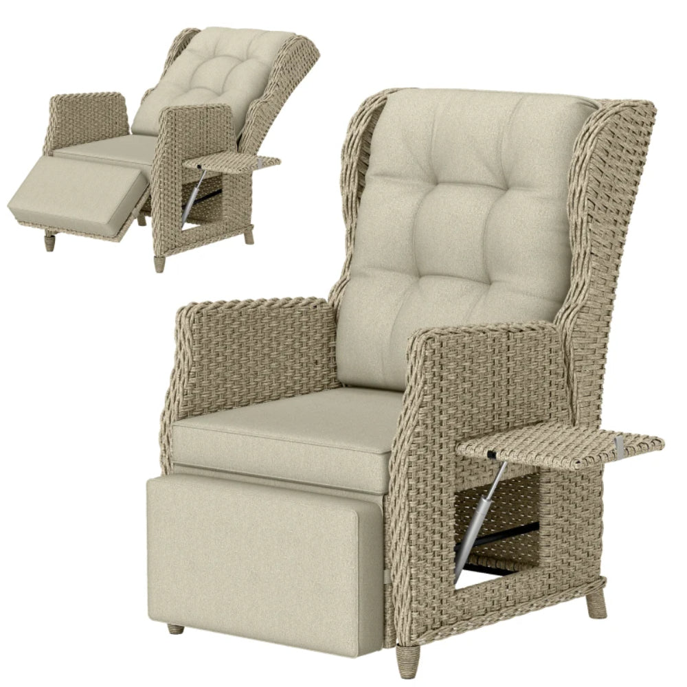 Outsunny Rattan Garden Recliner Chair, Reclining Garden Chair with Adjustable Back and Footrest, Flip Table, Cushion
