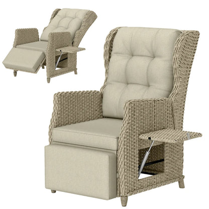 Outsunny Rattan Garden Recliner Chair, Reclining Garden Chair with Adjustable Back and Footrest, Flip Table, Cushion