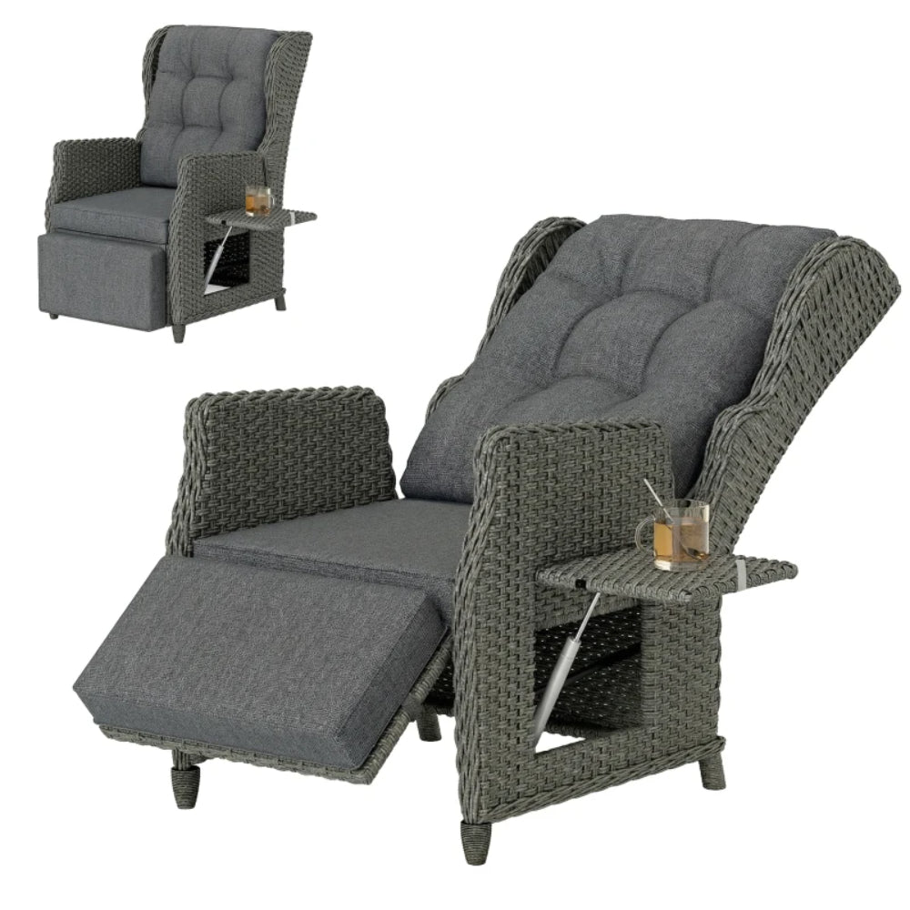 Outsunny Rattan Garden Recliner Chair, Reclining Garden Chair with Adjustable Back and Footrest, Flip Table, Cushion, Dark Grey