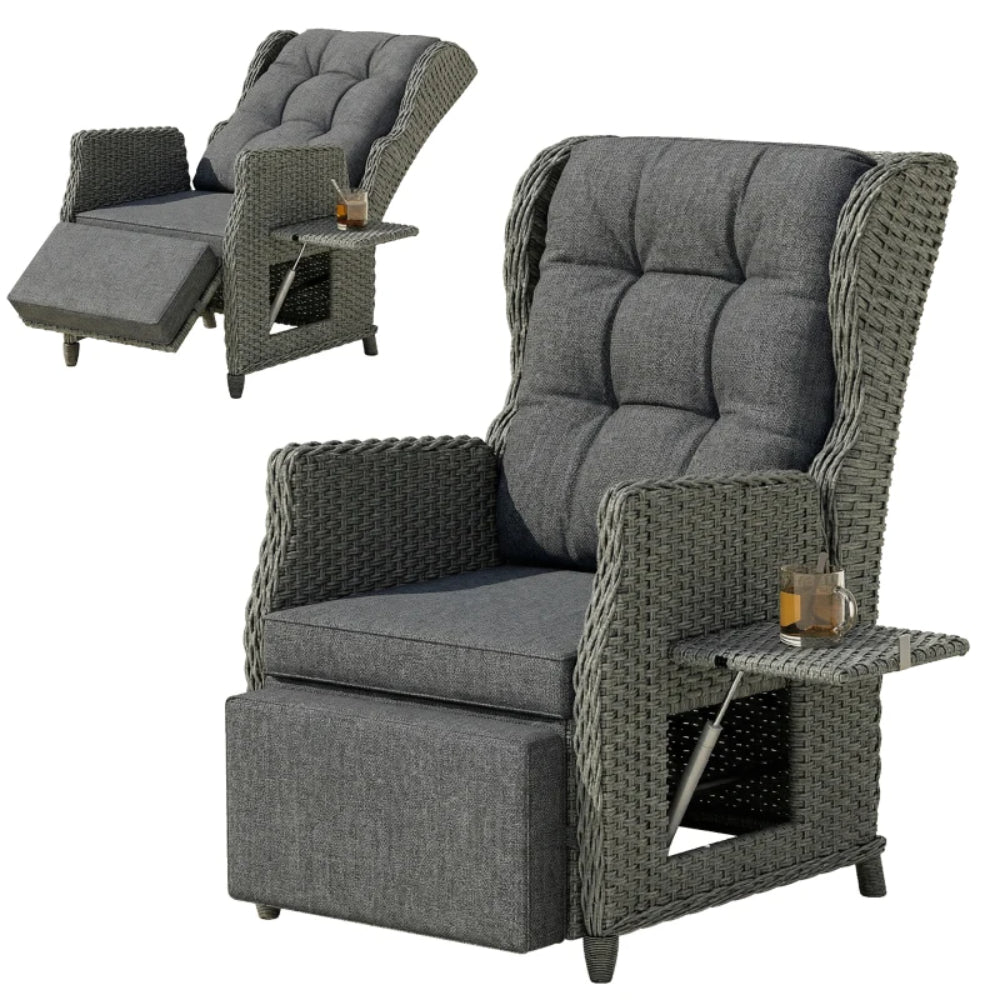 Outsunny Rattan Garden Recliner Chair, Reclining Garden Chair with Adjustable Back and Footrest, Flip Table, Cushion, Dark Grey