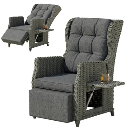 Outsunny Rattan Garden Recliner Chair, Reclining Garden Chair with Adjustable Back and Footrest, Flip Table, Cushion, Dark Grey