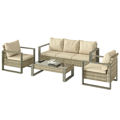 Outsunny Rattan Garden Set, 4 Piece Rattan Garden Furniture Set with 3-Seater Sofa, Armchairs, Table, Aluminium Frame Patio Furniture, Khaki