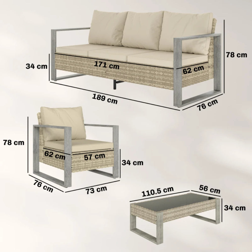 Outsunny Rattan Garden Set, 4 Piece Rattan Garden Furniture Set with 3-Seater Sofa, Armchairs, Table, Aluminium Frame Patio Furniture, Khaki
