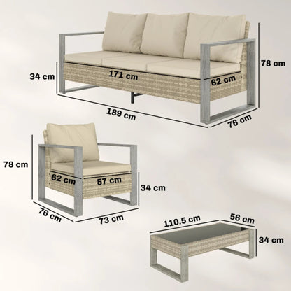 Outsunny Rattan Garden Set, 4 Piece Rattan Garden Furniture Set with 3-Seater Sofa, Armchairs, Table, Aluminium Frame Patio Furniture, Khaki