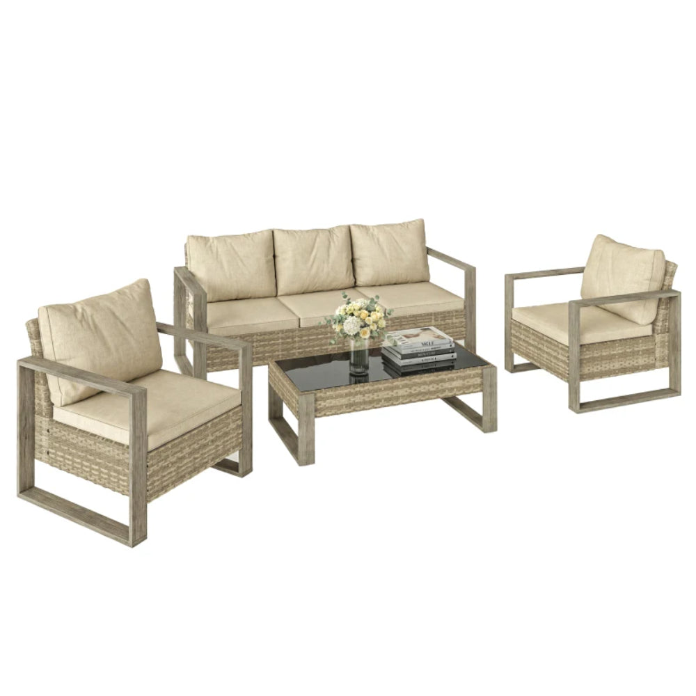 Outsunny Rattan Garden Set, 4 Piece Rattan Garden Furniture Set with 3-Seater Sofa, Armchairs, Table, Aluminium Frame Patio Furniture, Khaki