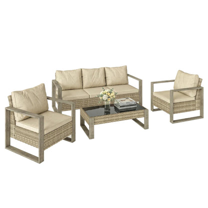 Outsunny Rattan Garden Set, 4 Piece Rattan Garden Furniture Set with 3-Seater Sofa, Armchairs, Table, Aluminium Frame Patio Furniture, Khaki