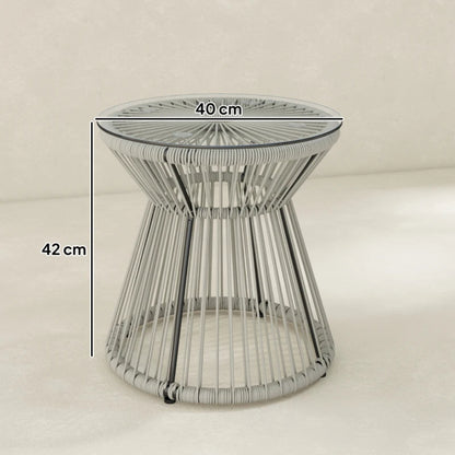 Outsunny Rattan Outdoor Coffee Table, PE Rattan Wicker Bistro Side Table with Tempered Glass Top, Light Grey
