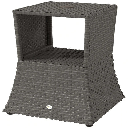 Outsunny Rattan Outdoor Coffee Table, Wicker Garden Patio Bistro Side Table with Umbrella Hole and Storage Space, Dark Grey