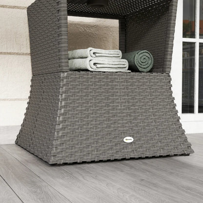 Outsunny Rattan Outdoor Coffee Table, Wicker Garden Patio Bistro Side Table with Umbrella Hole and Storage Space, Dark Grey
