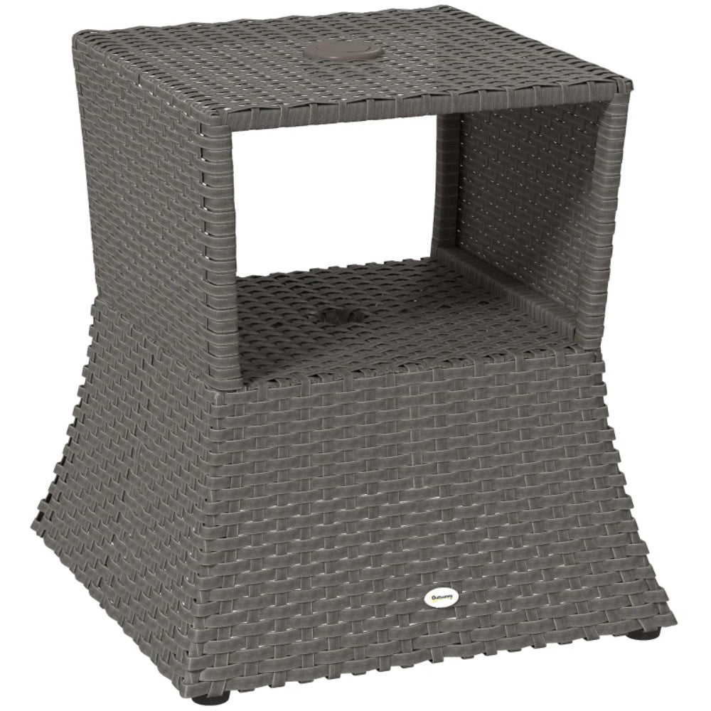 Outsunny Rattan Outdoor Coffee Table, Wicker Garden Patio Bistro Side Table with Umbrella Hole and Storage Space, Dark Grey