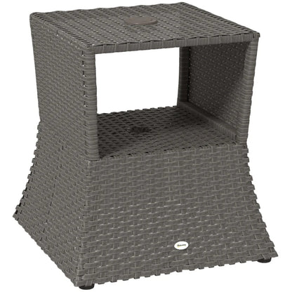Outsunny Rattan Outdoor Coffee Table, Wicker Garden Patio Bistro Side Table with Umbrella Hole and Storage Space, Dark Grey