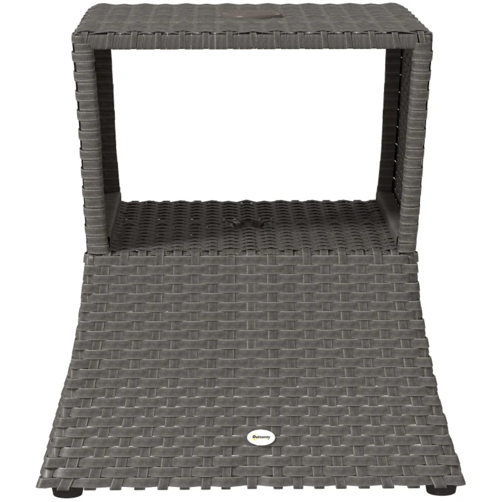 Outsunny Rattan Outdoor Coffee Table, Wicker Garden Patio Bistro Side Table with Umbrella Hole and Storage Space, Dark Grey
