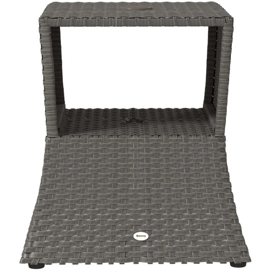 Outsunny Rattan Outdoor Coffee Table, Wicker Garden Patio Bistro Side Table with Umbrella Hole and Storage Space, Dark Grey