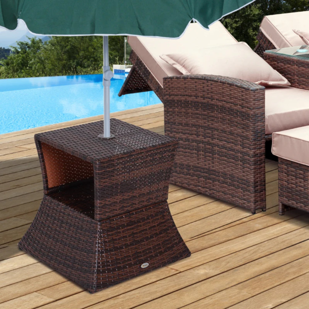 Outsunny Rattan Outdoor Coffee Table, Wicker Garden Patio Bistro Side Table with Umbrella Hole and Storage Space for Balcony, Porch, Brown