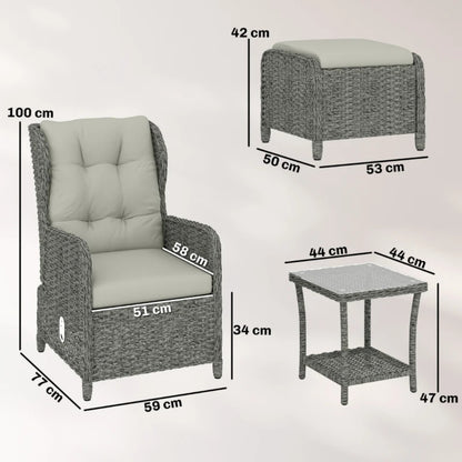 Outsunny Rattan Reclining Garden Chair Set of 2 with Footstool and Cushion for Balcony, Cream
