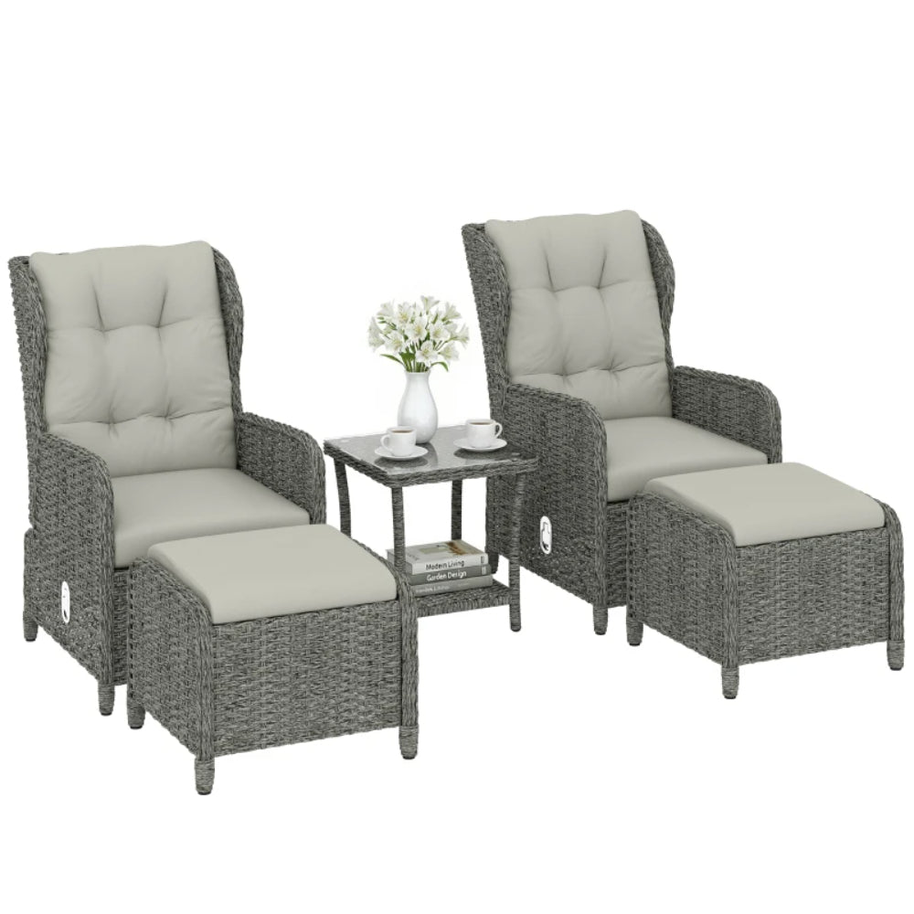 Outsunny Rattan Reclining Garden Chair Set of 2 with Footstool and Cushion for Balcony, Cream