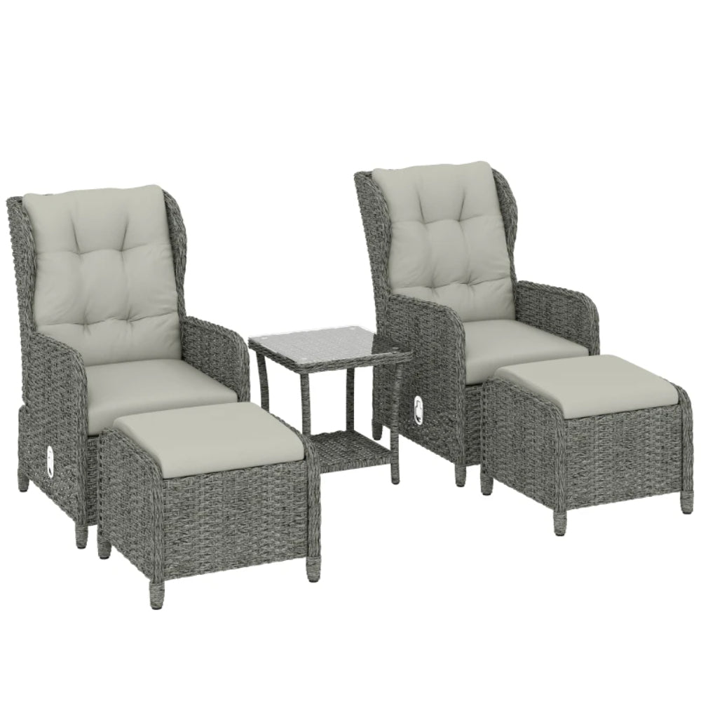 Outsunny Rattan Reclining Garden Chair Set of 2 with Footstool and Cushion for Balcony, Cream