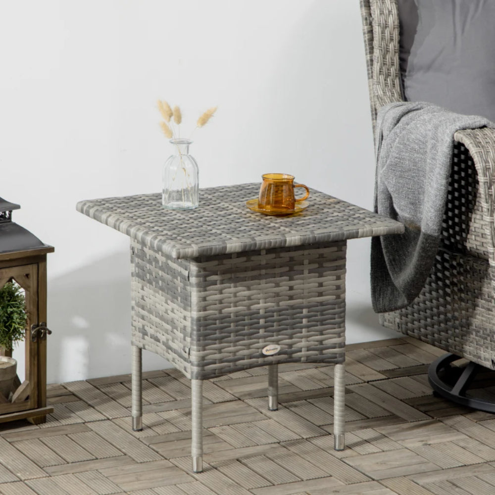 Outsunny Rattan Side Table, Outdoor Coffee Table with Plastic Board Under the Full Woven Table Top for Patio, Garden, Balcony