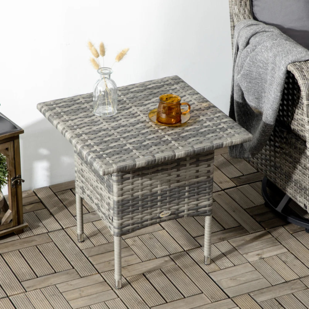 Outsunny Rattan Side Table, Outdoor Coffee Table with Plastic Board Under the Full Woven Table Top for Patio, Garden, Balcony