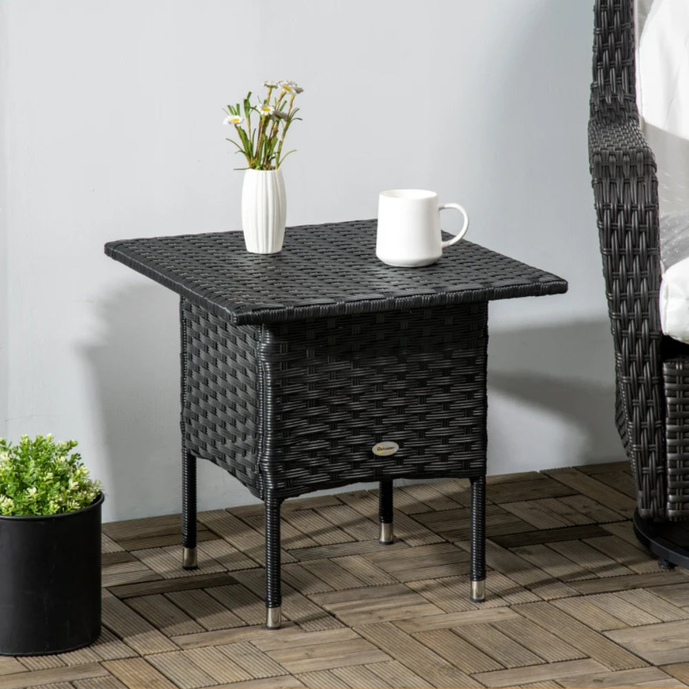 Outsunny Rattan Side Table, Outdoor Coffee Table with Plastic Board Under the Full Woven Table Top for Patio, Garden, Balcony